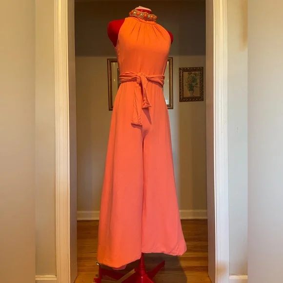 VTG 60s / 70s Coral Halter Wide / Balloon Leg Jumpsuit W Embellished Collar - Picture 4 of 13
